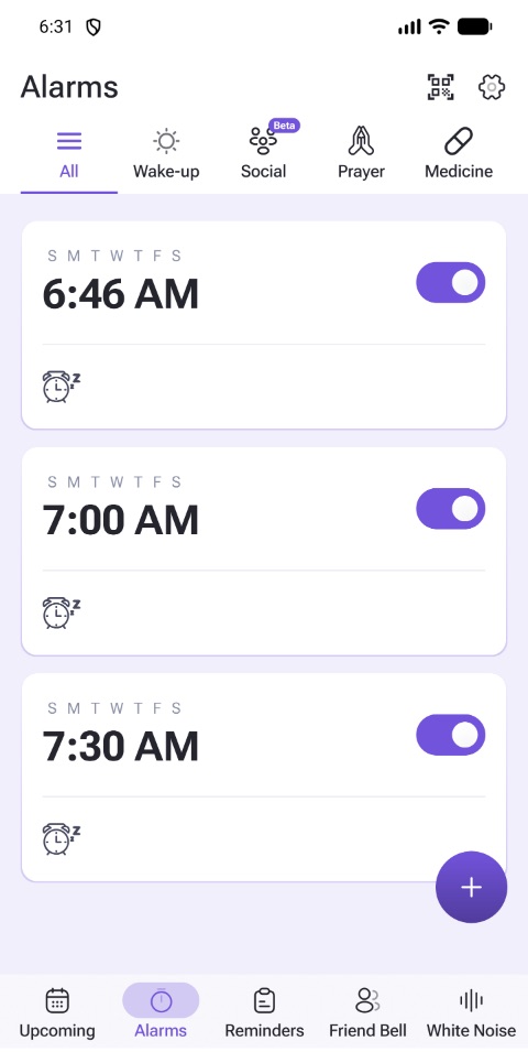 The Alarms screen in Blink Alarm, with tabs for wake-up, shared, prayer and medicine alarms