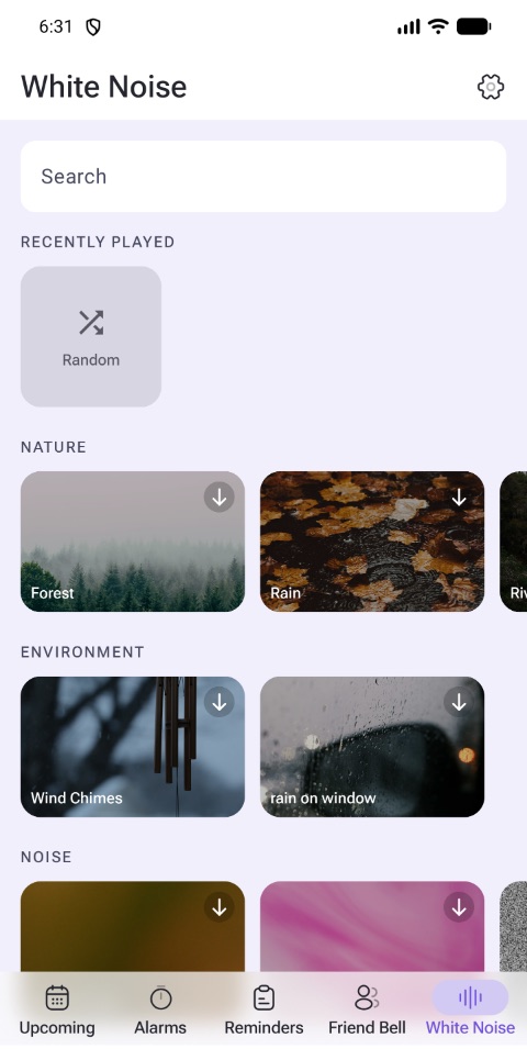 The White Noise screen in Blink Alarm, showing sounds to fall asleep to